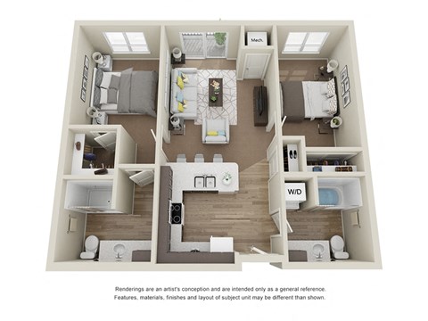 Floor plan for 2 beds, 2 baths, 819 sqft